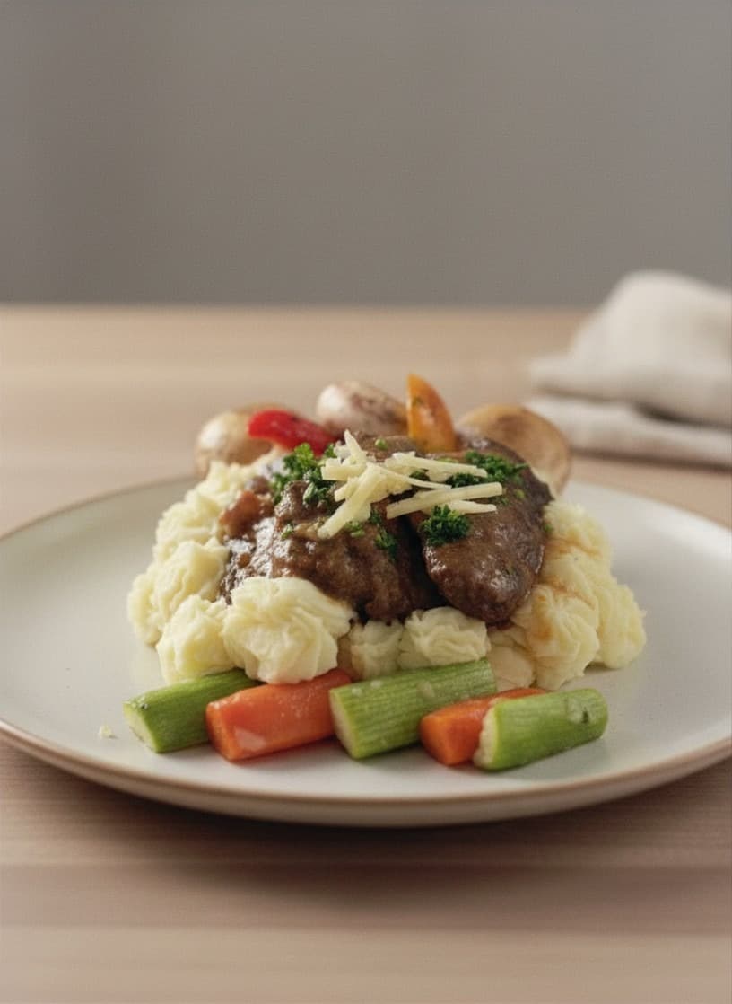 Plated meal presentation with beef and mashed potato