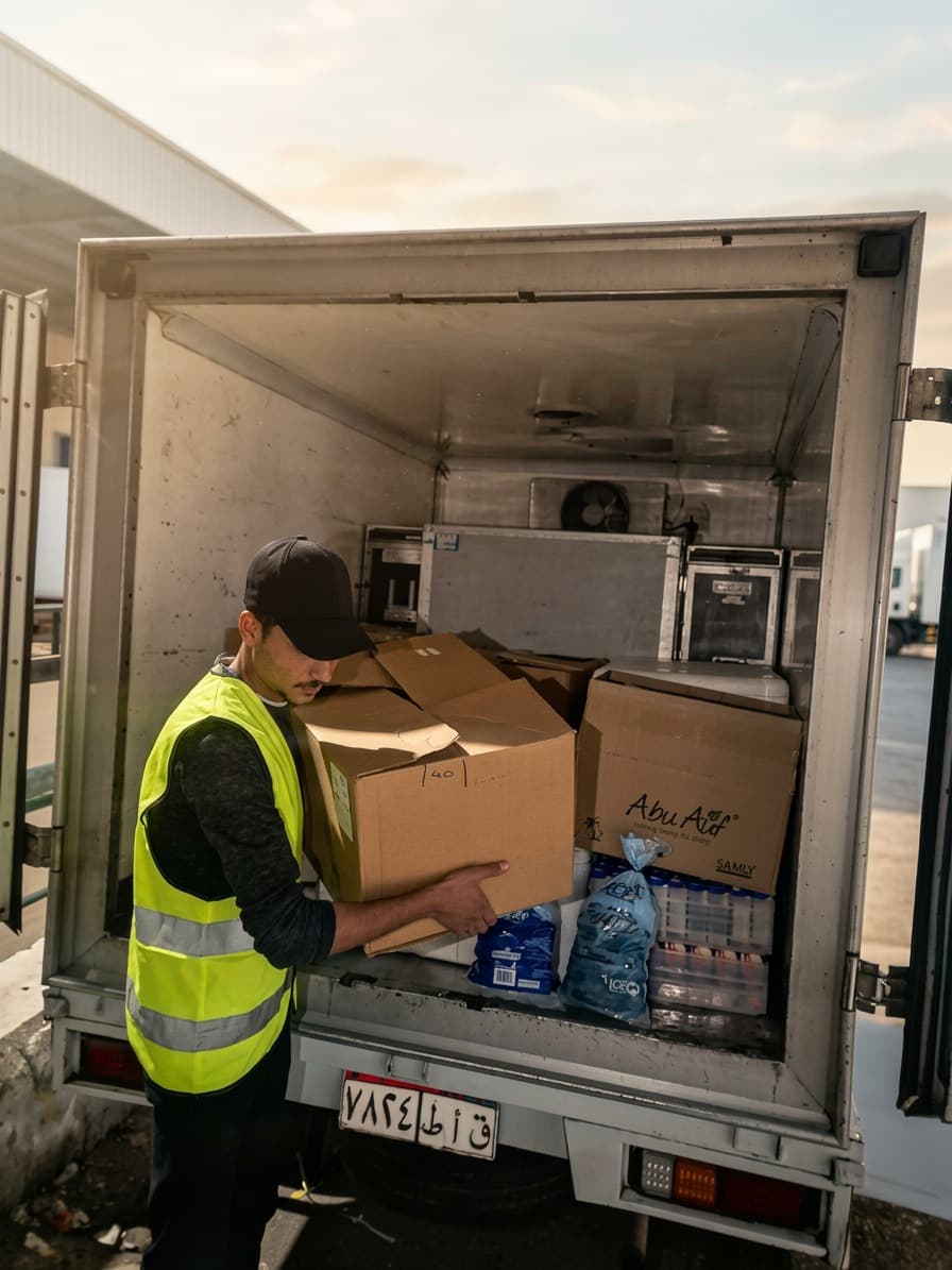 Logistics team loading a refrigerated delivery vehicle