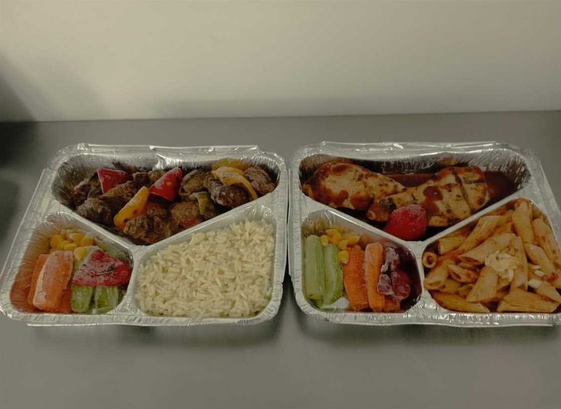 Two plated in-flight meal trays