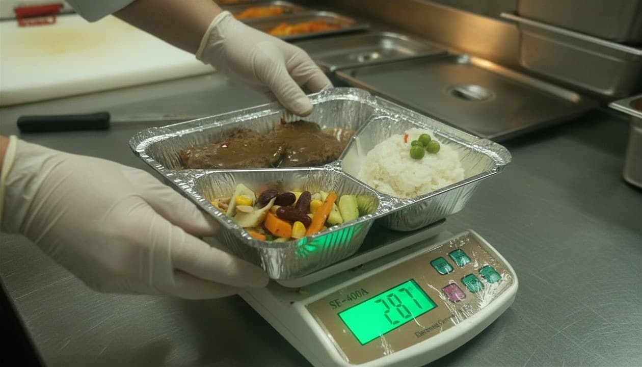 Concord for Catering quality control team precision-weighing a meal tray